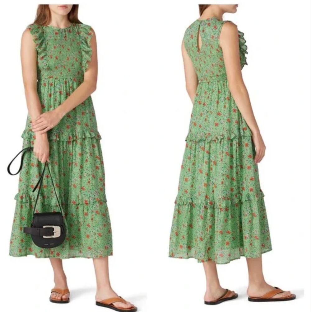 Banjanan Iris Floral Maxi Ruffle Tier Sleeveless Sheath Cotton Green Dress XS